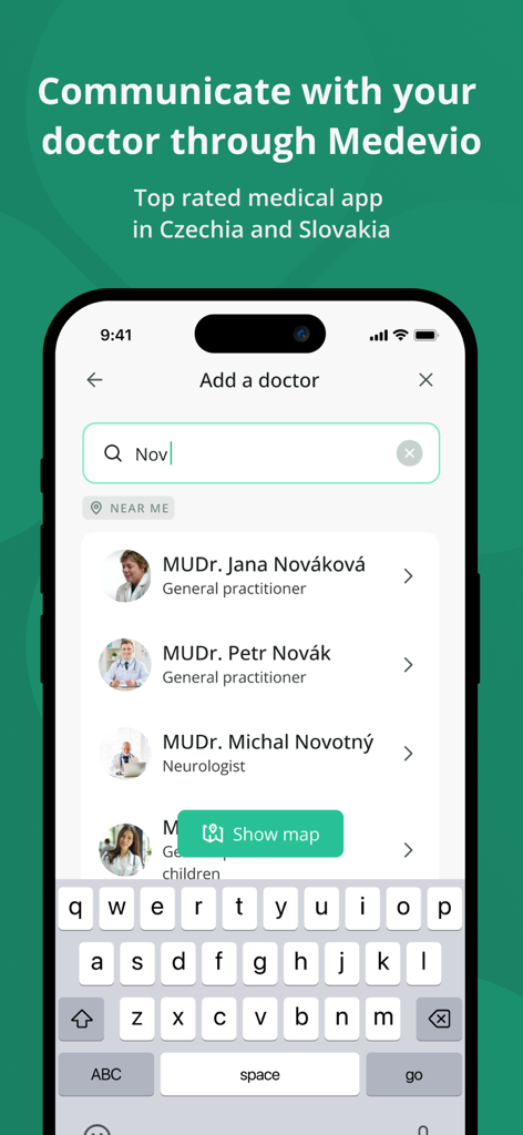 Medevio - Medevio app screenshot showing a search interface to find and add a new doctor from a list of medical professionals
