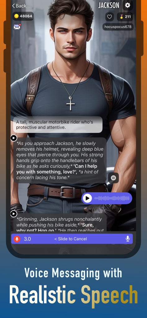 Jupi AI Chat Fantasy Roleplay - Interfaz de la aplicación Jupi AI Chat que muestra un rol de personaje con la función de mensajería de voz