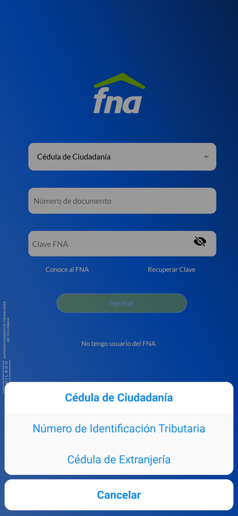 Login screen of the FNA Móvil Ágil app showing document type selection options