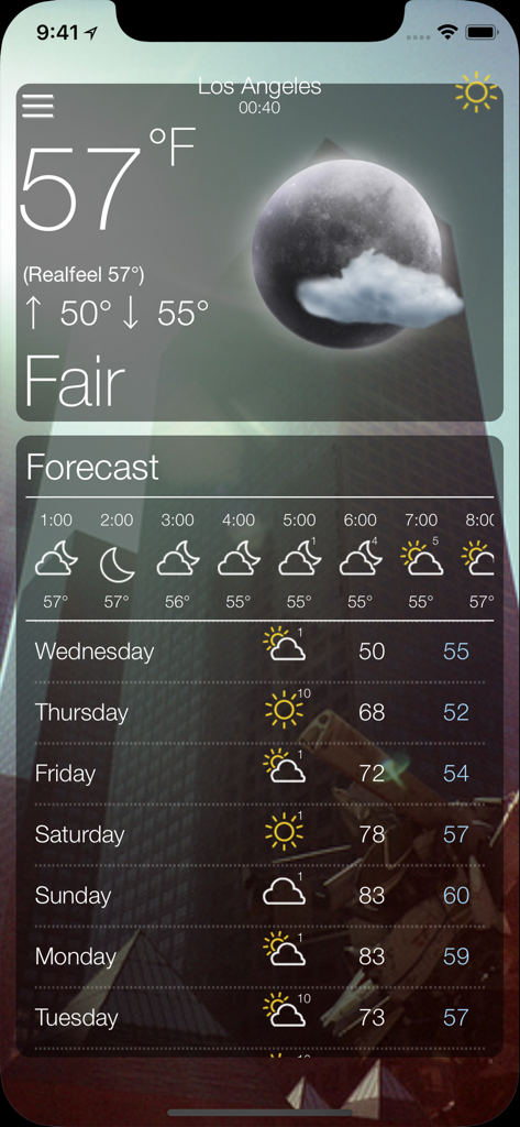 iPhone weather app interface showing Los Angeles forecast and current temperature of 57 degrees Fahrenheit