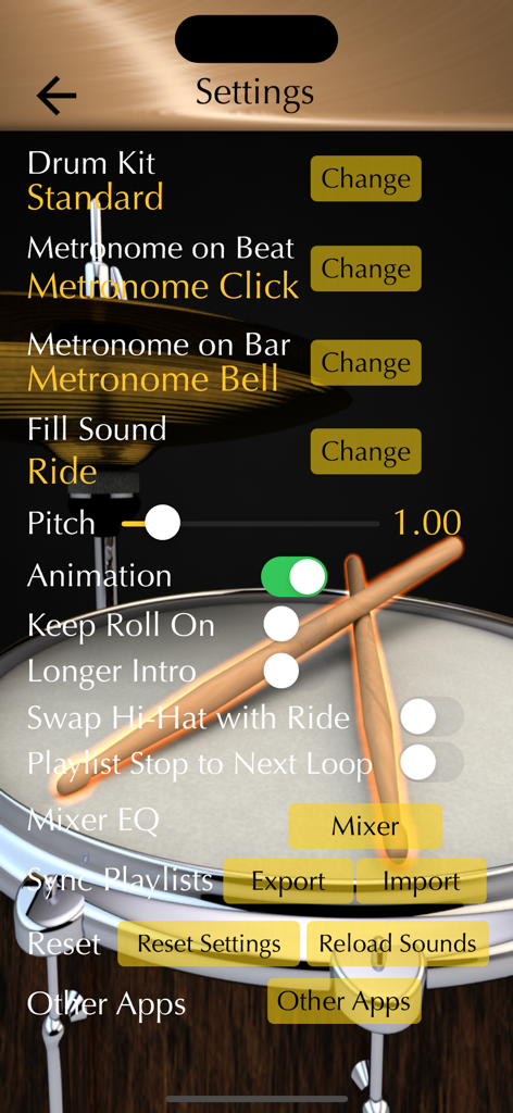 Settings screen of the Drum Loops and Metronome app showing audio and playback customization options.