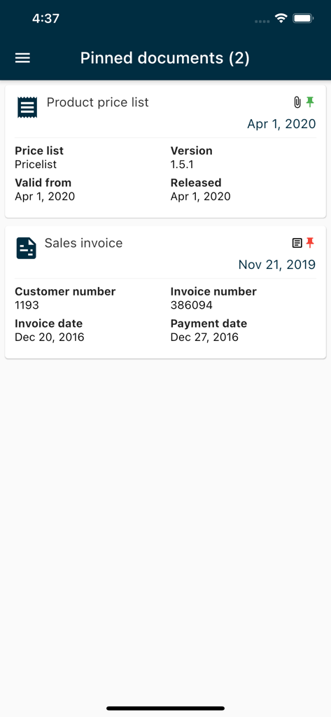 Next® Go - Panel de la aplicación Next Go que muestra una lista de documentos fijados, incluyendo una lista de precios de productos y una factura de ventas.