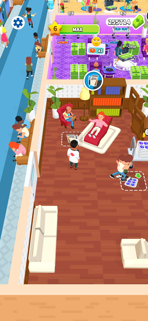 Gameplay of Doctor Hero showing a doctor in a colorful clinic treating a patient on a lounge chair