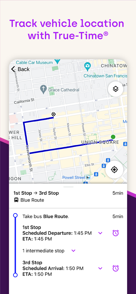 TripShot app interface showing real-time shuttle tracking and estimated arrival times on a map of San Francisco