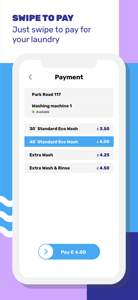 Circuit Go mobile app payment screen showing washing machine cycle options and a swipe to pay button