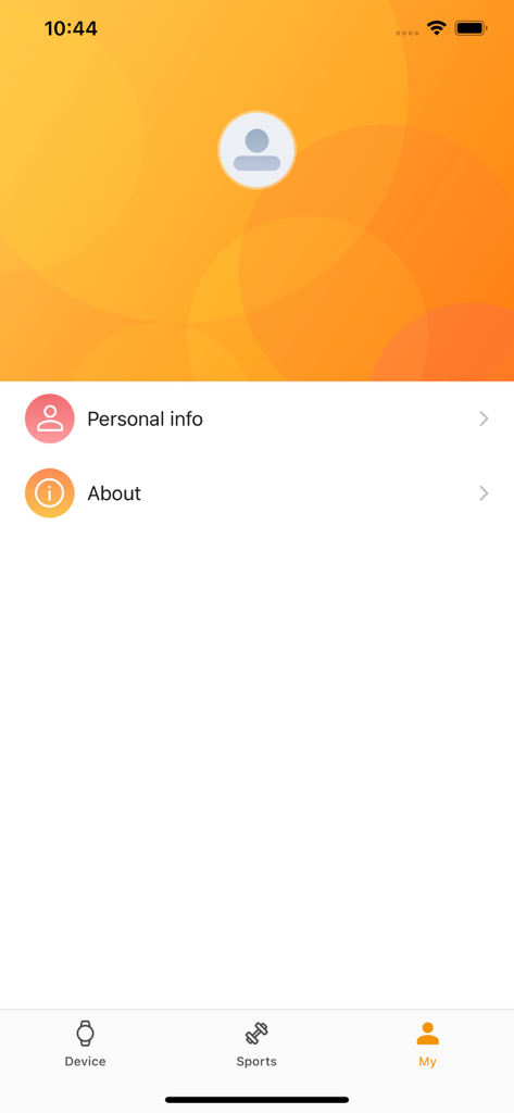 Z-Sports mobile app user profile page with personal info and about options