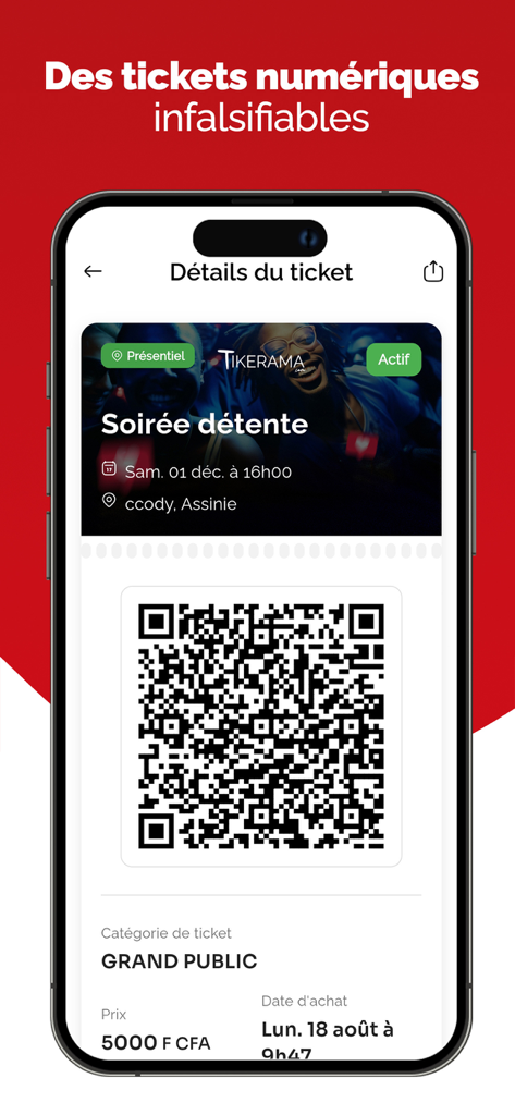 Um bilhete digital seguro com um código QR exibido na interface da aplicação de eventos Tikerama.