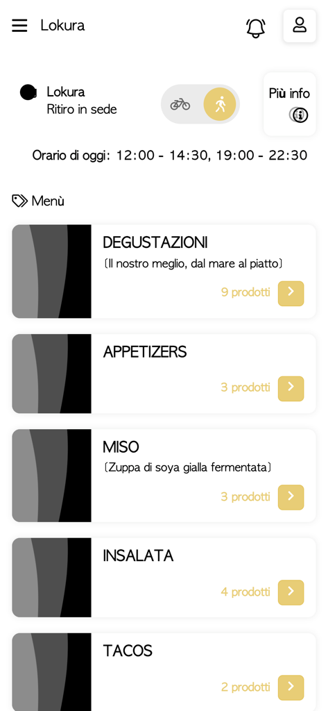 Lokura - Menu screen of the Lokura app showing various food categories for ordering