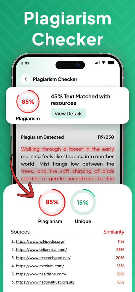 Humanizer - Humanize AI Text - パーセンテージスコアとソースリンクを含む盗用レポートを示すモバイルアプリ画面。