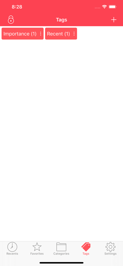 The tags organization screen in the Password Goo app displaying importance and recent categories.