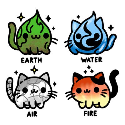 4 cats that represent the different elements, earth, water, air, and fire