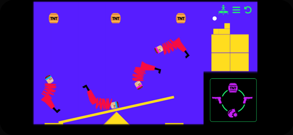 Ragdoll People Playground - Red ragdoll characters on a purple screen with TNT barrels and a seesaw physics simulation