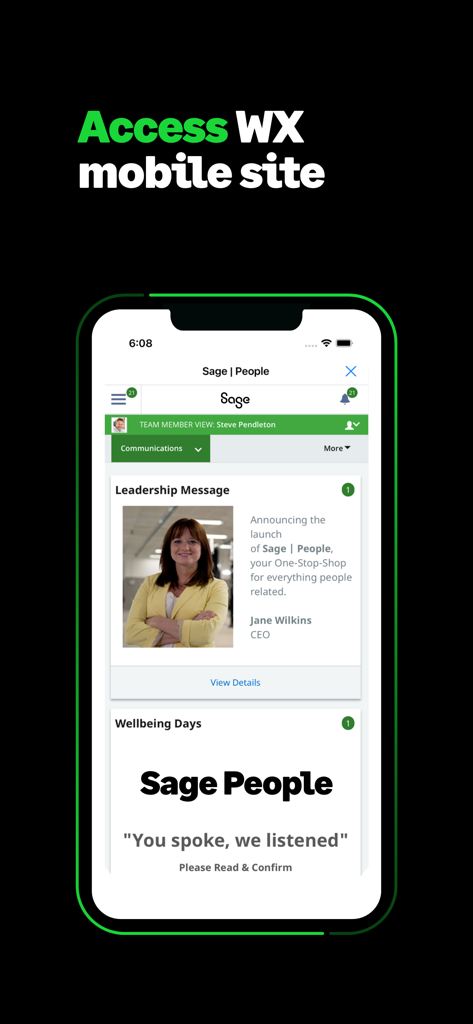 Sage People - Sage People Mobile App zeigt die WX-Mobile-Site-Oberfläche mit Führungsbotschaften und Unternehmensnachrichten an