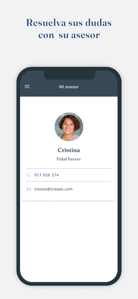 Pantalla de perfil de un asesor financiero personal en la aplicación móvil Tressis