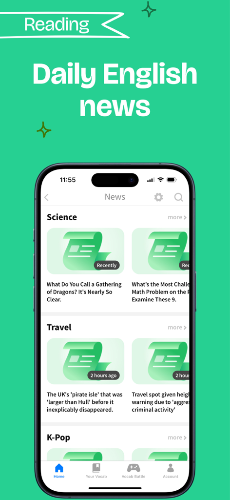 Interfaz de la aplicación 4English mostrando categorías de noticias como ciencia y viajes para la práctica del idioma inglés