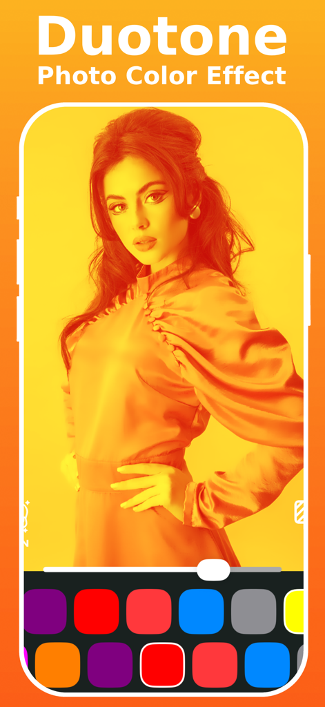 写真編集アプリで鮮やかなオレンジと黄色のデュオトーンエフェクトが適用された女性のポートレート