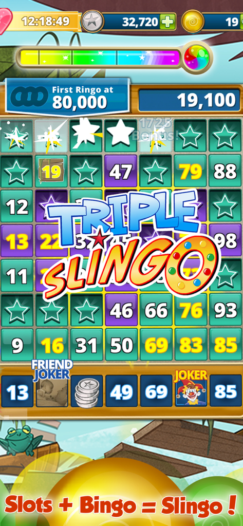 Slingo Adventure - A gameplay screenshot of Slingo Adventure showing the Triple Slingo achievement on a bingo grid with slot reels at the bottom.