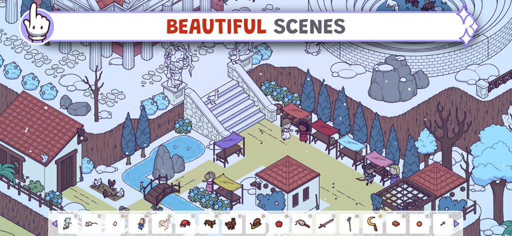 Hidden Through Time 2: Magic - Una scena di villaggio invernale disegnata a mano in Hidden Through Time 2 Magic che mostra oggetti da trovare
