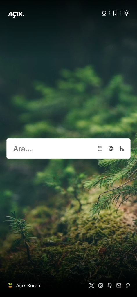 Açık Kuran - Acik Kuran app home screen with a search bar and minimalist nature background