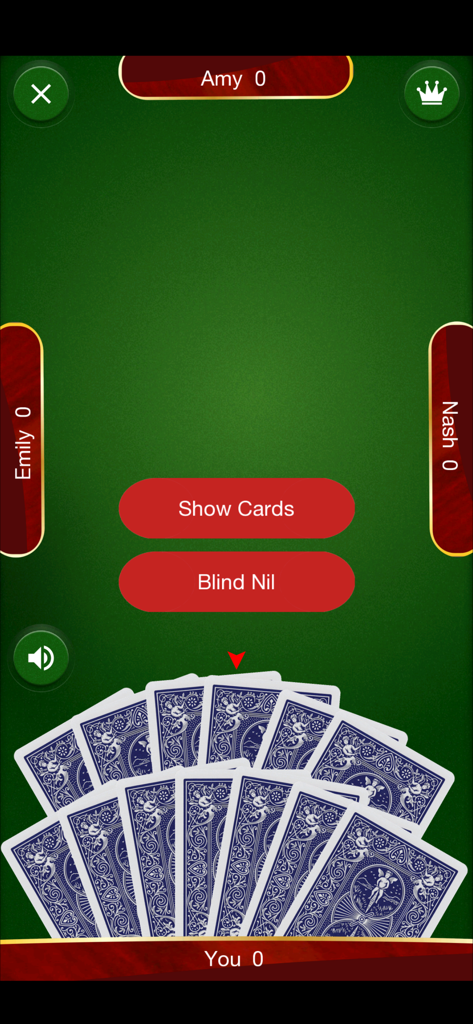 Spades: Card Game - Mobile gameplay screen of Spades card game showing the bidding phase with buttons for Show Cards and Blind Nil on a green table background.