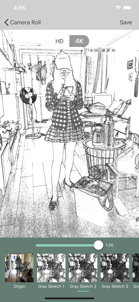 Photo to Sketch Drawing Maker - 下部にさまざまなフィルターオプションがある、白黒の鉛筆スケッチに変換された写真を示すモバイルアプリのインターフェース