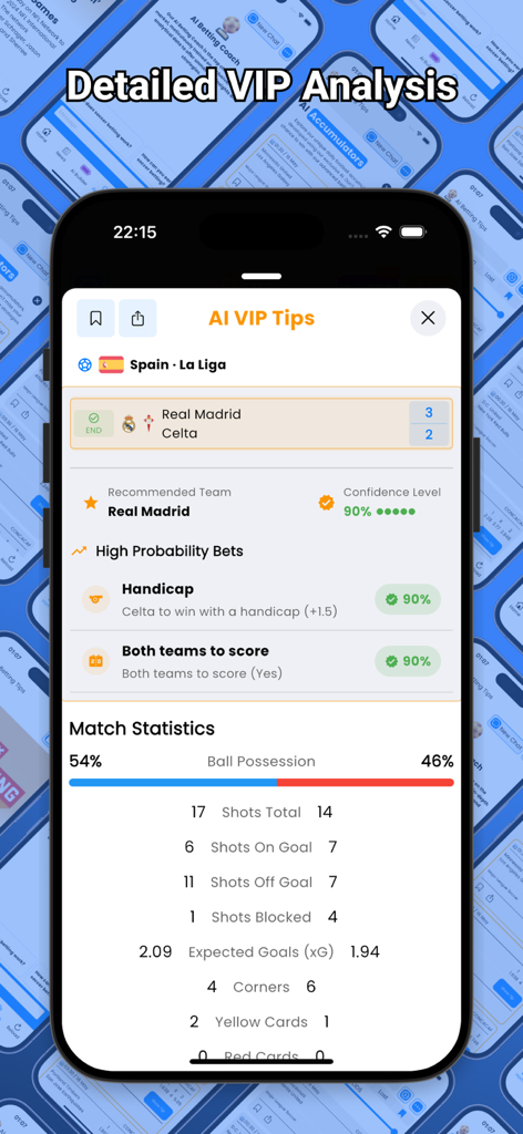 Detaillierte KI-VIP-Wett-Tipps und Spielstatistiken für ein Fußballspiel, die Konfidenzniveaus und hochwahrscheinliche Wetten zeigen.