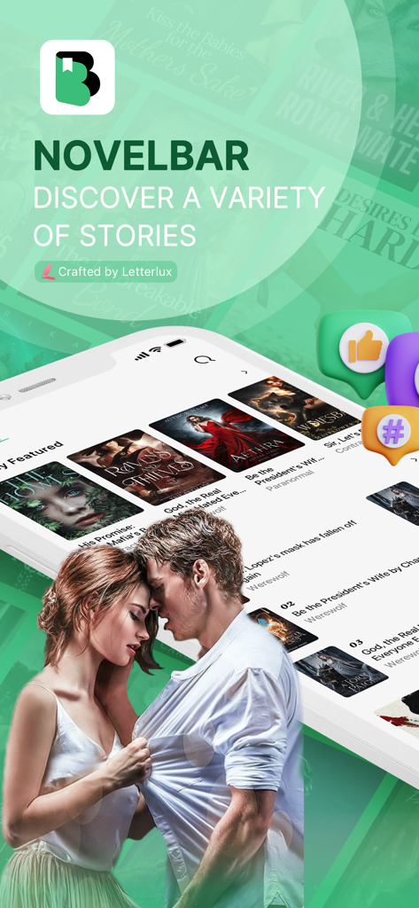 NovelBar app interface displaying a variety of trending romance and fantasy web novels with a romantic couple in the foreground.