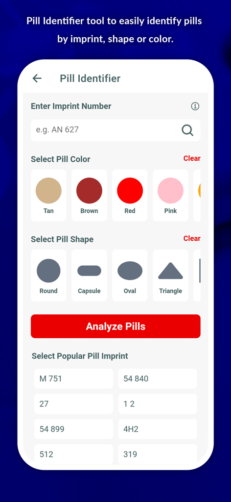 Pill Identifier - Pro - Interface of the Pill Identifier Pro app showing search filters for medication imprint number color and shape