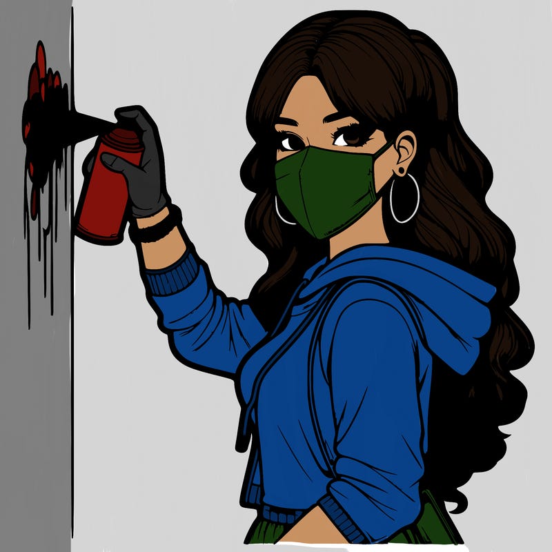 realistic girl with mask spray painting a wall