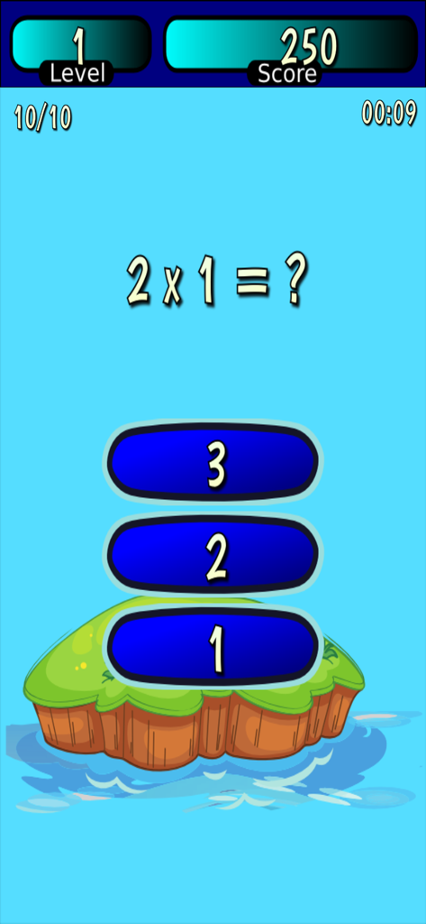 Times Tables Math Trainer UN - A multiplication quiz interface for kids showing the problem 2 times 1 with multiple choice options level and score