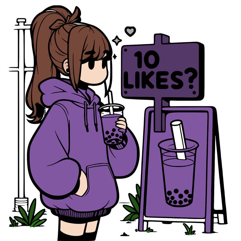 girl with oversized hoodie drinking boba and she has a high ponytail with a sign that says 10likes?