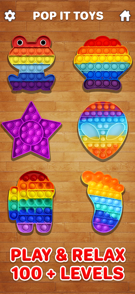 Rainbow colored Pop It fidget toys in different shapes including a frog star and alien