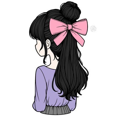 realistic girl  with hip length hair a bun and a big bow on the back of head