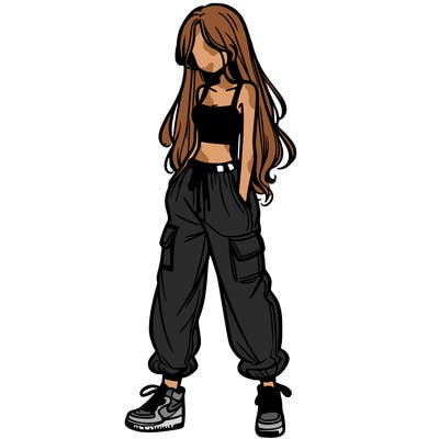 girl in baggy pants crop top and long hair