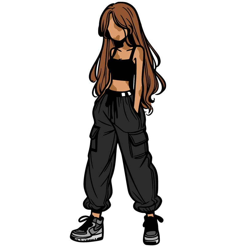 girl in baggy pants crop top and long hair