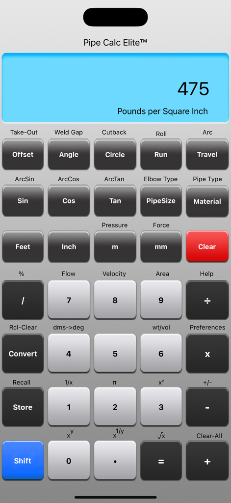 Pipe Calc Elite - Interfaz de calculadora profesional para el oficio de tuberías mostrando botones especializados de medición y cálculo