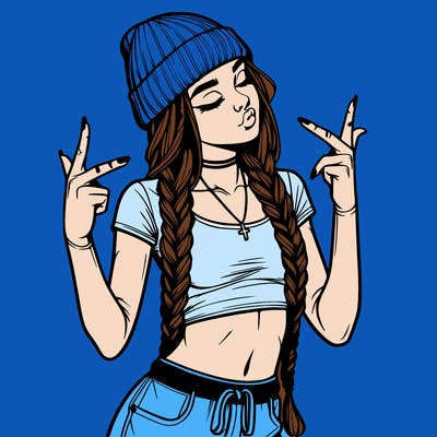 realistic teenage girl with braids and a beanie and crop top doing 🫶🏼