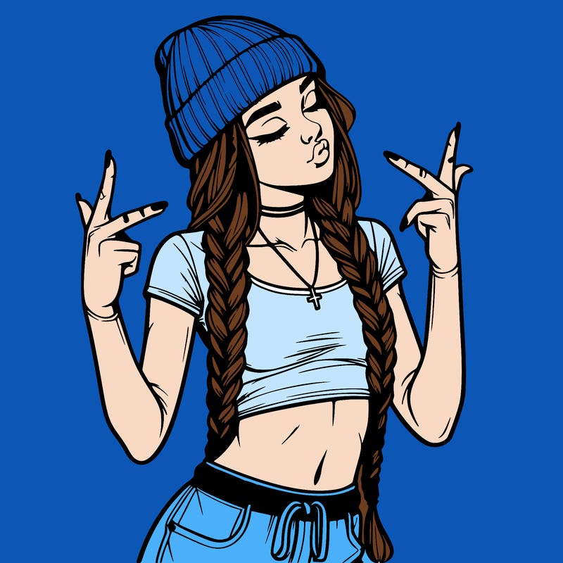 realistic teenage girl with braids and a beanie and crop top doing 🫶🏼