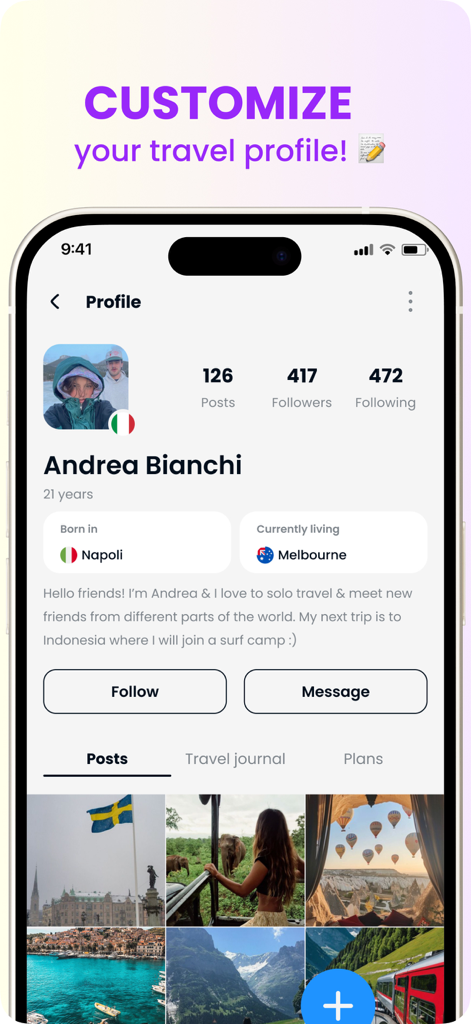 Going Solo: Travel Friends - Going Solo mobile app interface showing a traveler's profile page with their bio, social stats, and trip photo gallery.