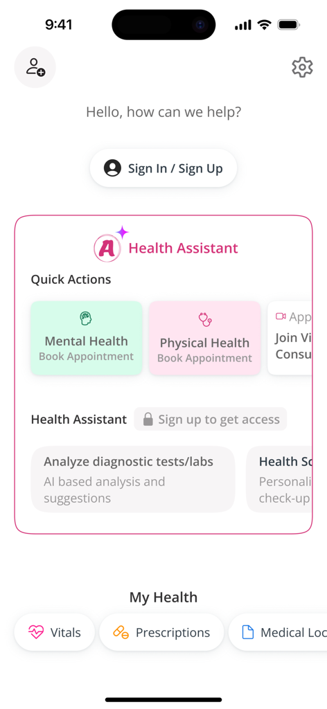 AYOO Care app interface showing health assistant quick actions for mental and physical health appointment booking