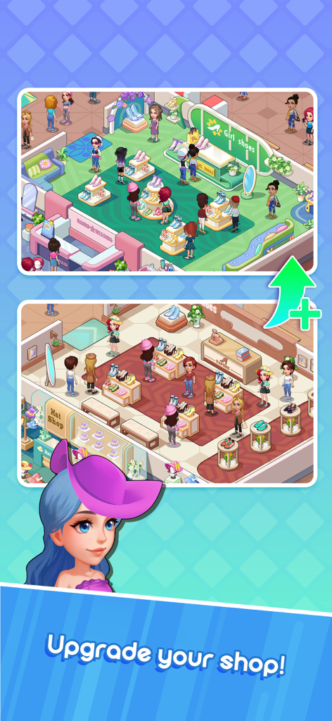 Idle Super Mall - A side by side comparison showing a fashion shop being upgraded in Idle Super Mall