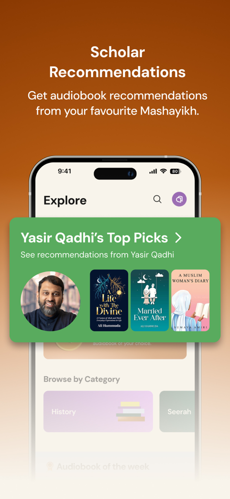 Scholar recommendations screen in the Chaptrs Islamic audiobooks app.