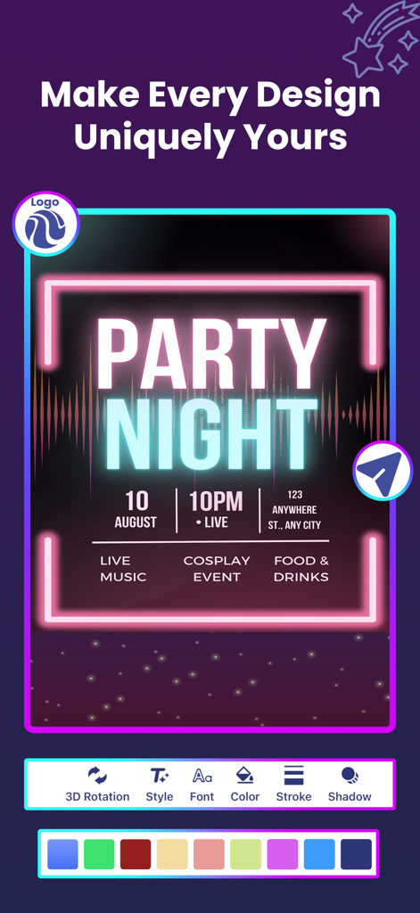 Flyer Maker - Poster Creator - フォントと色の編集ツールを備えた、ネオンパーティーナイトポスターテンプレートを表示するフライヤーメーカーアプリのインターフェース。