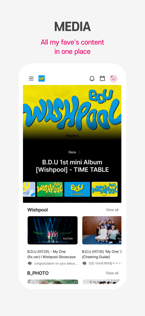 Plus Chat for K-POP - Captura de pantalla de la sección de Contenido Multimedia en Plus Chat para K-POP que muestra contenido exclusivo de artistas y horarios