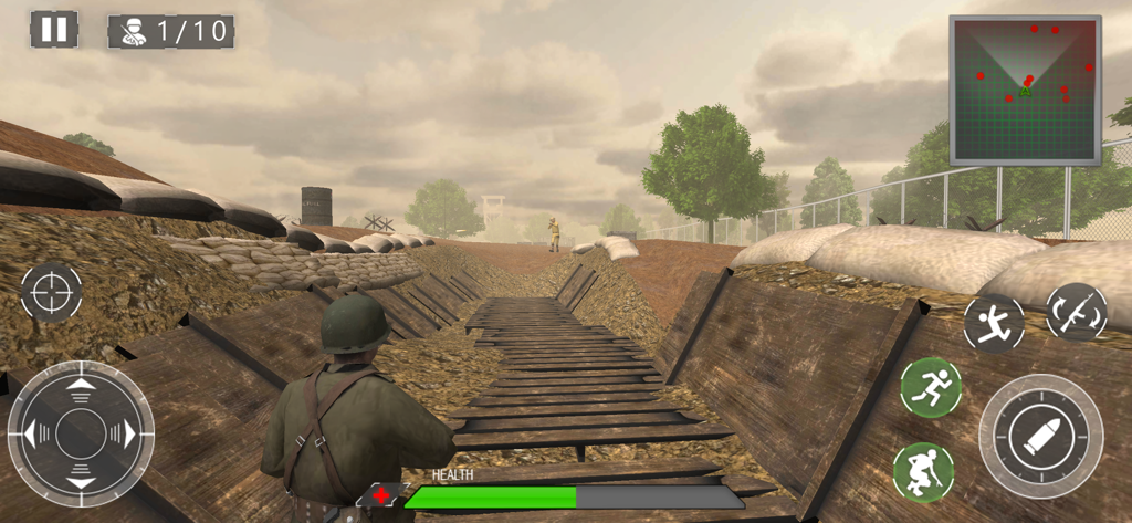 Gameplay of D-Day World War 2 Battle showing a soldier in a trench with combat UI elements.