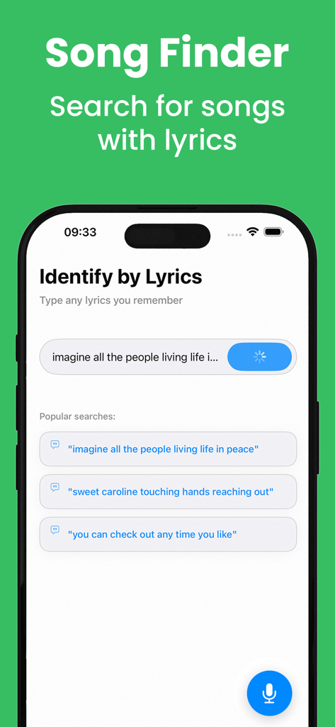 Song Finder: Music Recognition - Pantalla de iPhone que muestra la función de búsqueda de letras de la aplicación Song Finder con ejemplos de búsqueda populares.