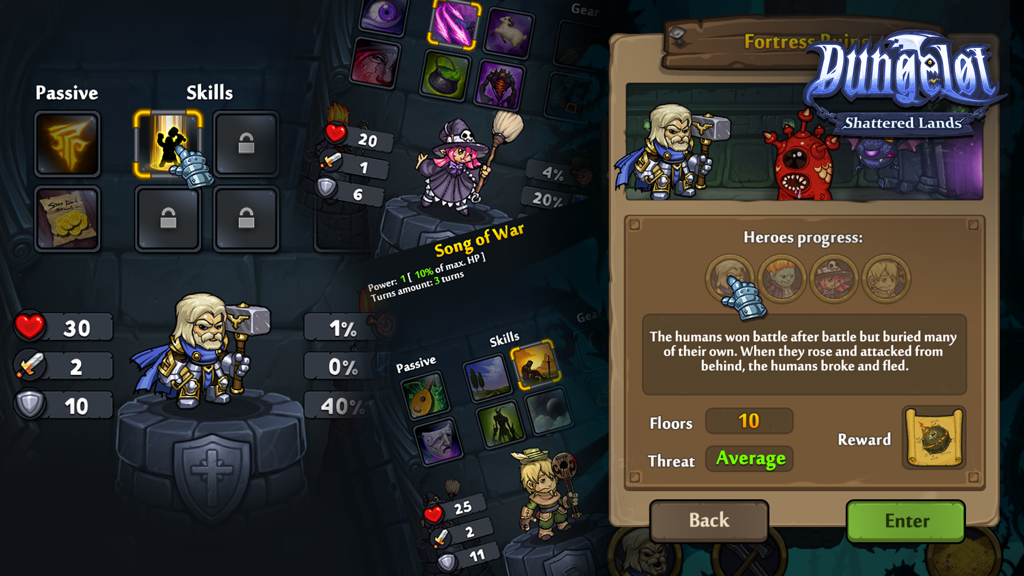 A collage of game screens from Dungelot Shattered Lands showing character stats skills and the dungeon entry interface with a paladin and witch character