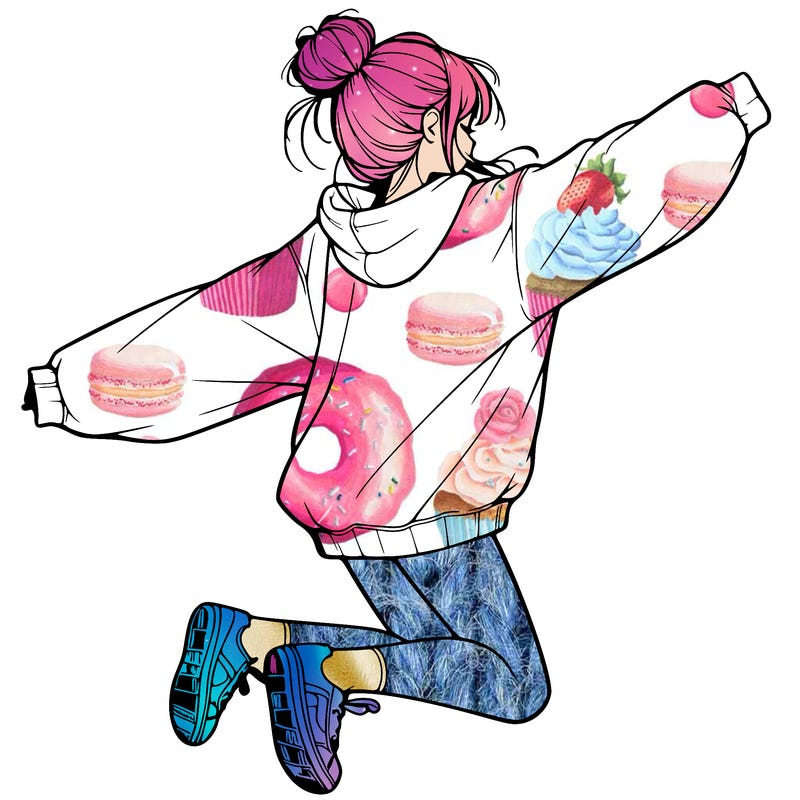 realistic girl jumping with a bun and oversized sweatshirt