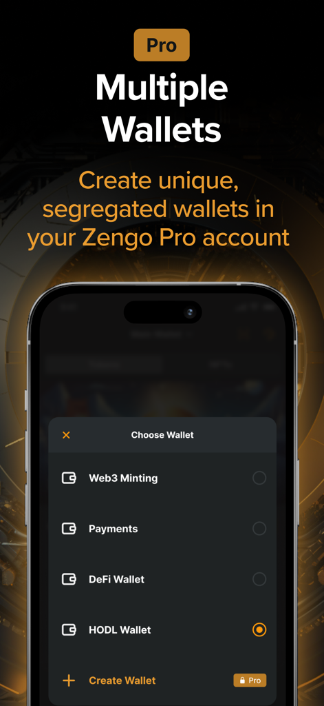 Un écran mobile montrant la fonctionnalité Zengo Pro pour créer plusieurs portefeuilles séparés pour différents besoins crypto comme les mints Web3 et les paiements.