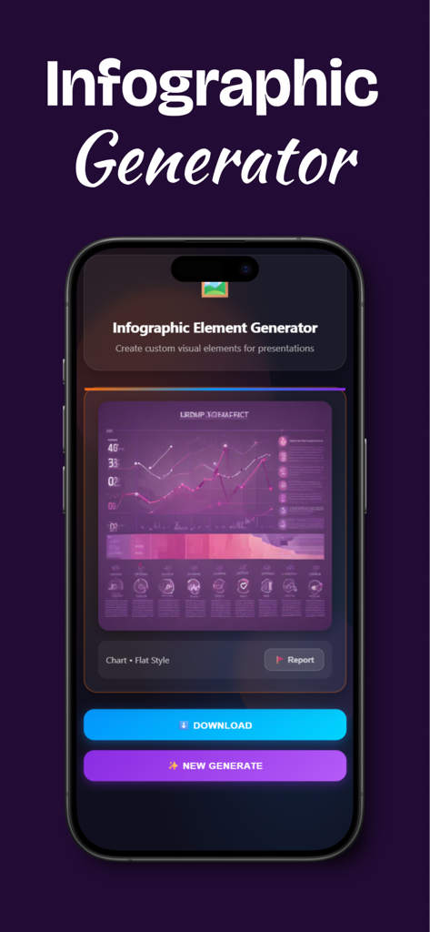 Eine mobile Oberfläche von Pippit AI, die einen Infografik-Element-Generator mit einem pinken Diagramm und einer Download-Schaltfläche zeigt.